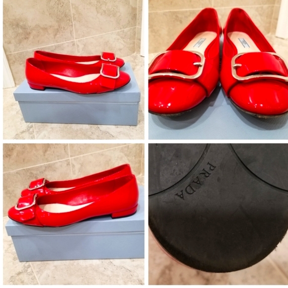 Authentic Prada Calzature Donna Vernice Red Patent Leather Buckle Ballet Flats - Picture 4 of 12